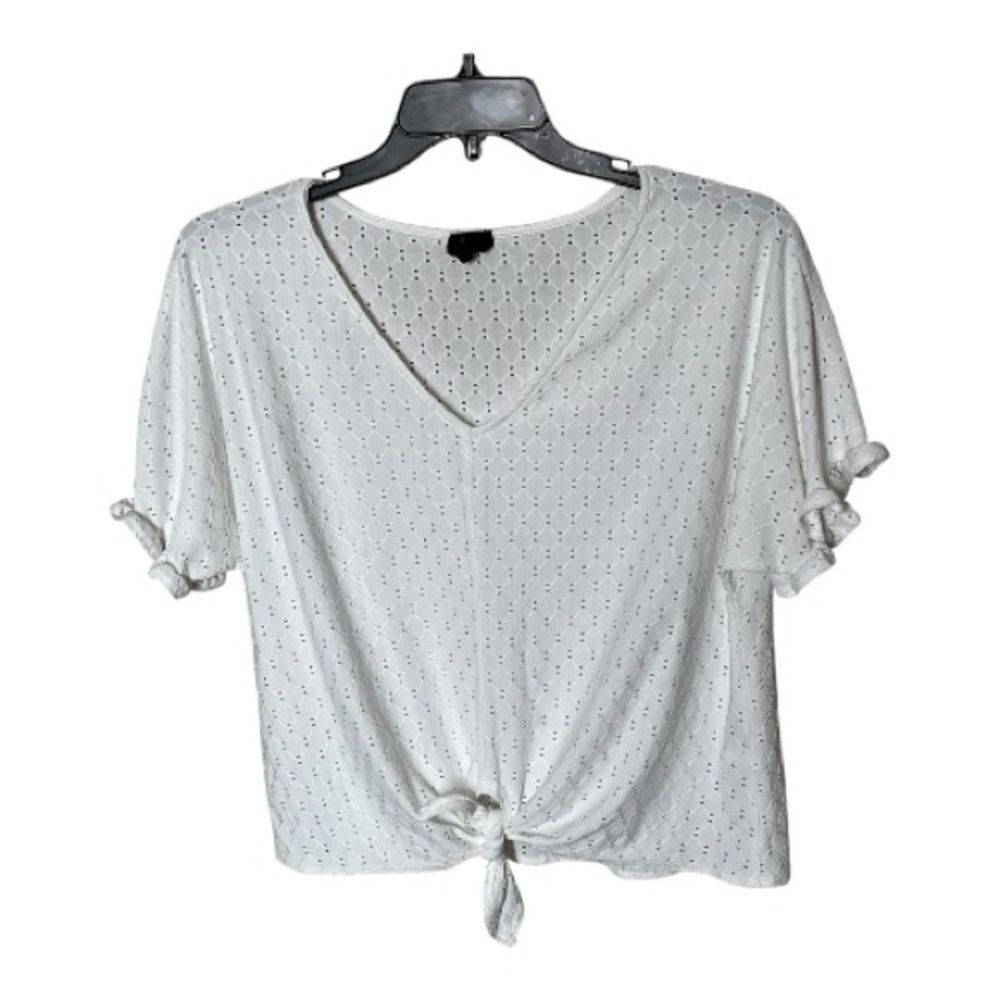 Anthropologie W5 White Eyelet Short Ruffle Sleeve Shirt Top with Tie Size XL